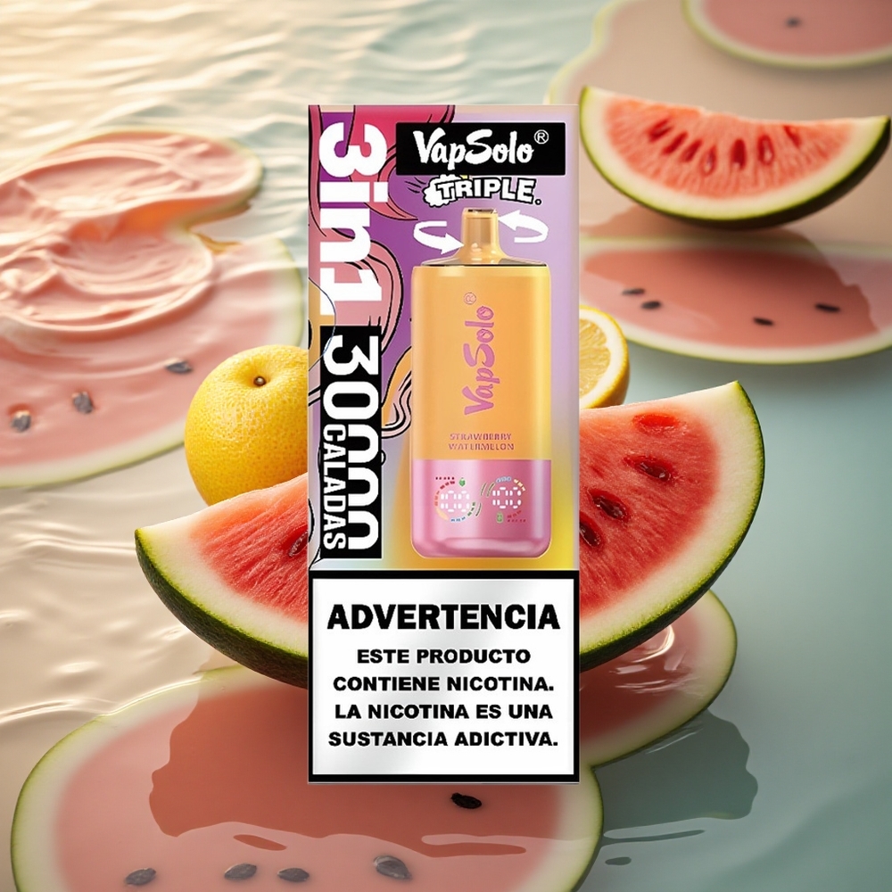 Vapsolo Triple 30000 Puffs Strawberry Watermelon & Lemon Peach Triple Tank Type-C